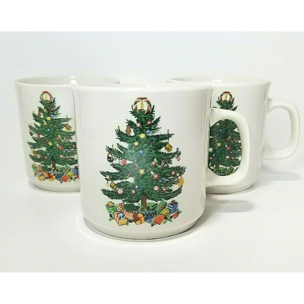 Lot of (3) Vintage Badcock Christmas Tree Mugs Ceramic Tea Hot Cocoa Cups
